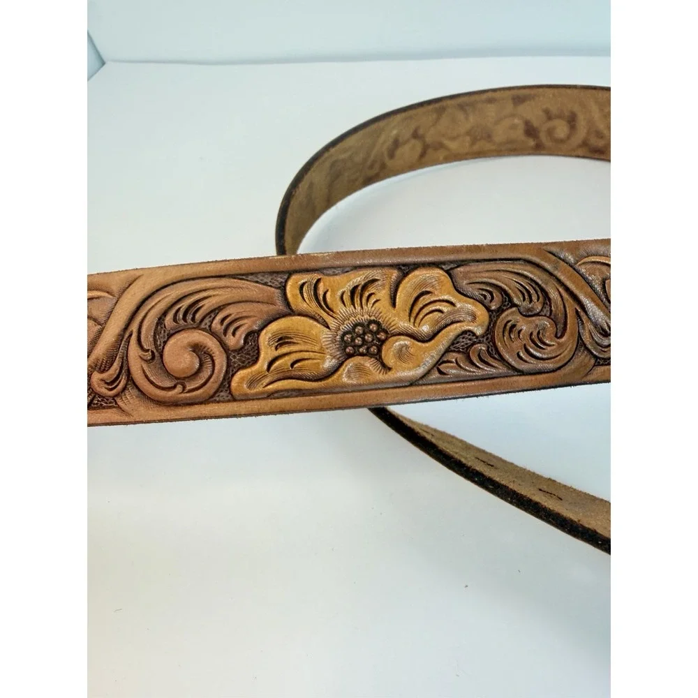 Leather Tooled Belt Hand Painted Steer Floral  Size 36 Vintage Western